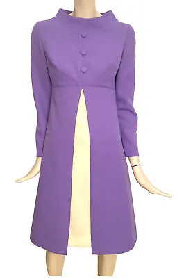 Vtg 60s A Line Empire Pleat Dress Shift 1960s Purple Mod Gogo Costume UK 8 10 • £50
