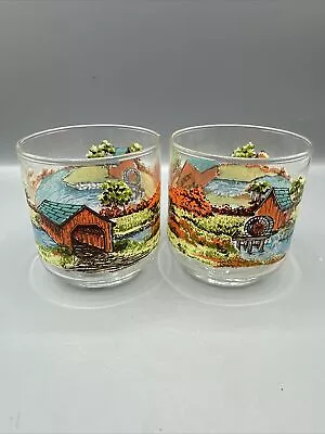 Vintage Libbey Glass Tumbler Juice Covered Bridge Grain Mill River 9.5 Oz Set/2 • $12.99