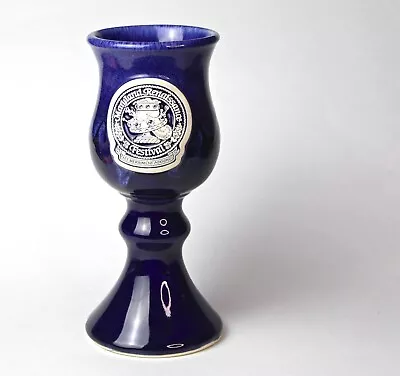 03 Maryland Renaissance Festival Logo Stoneware Wine Goblet Blue Drip Glaze 12oz • $14.99