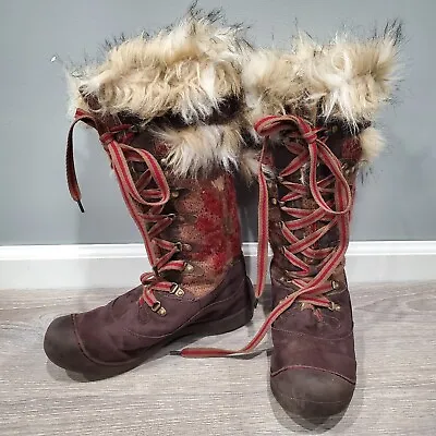Mukluks Snow Boots Gwen Thinsulate Knit Tall Lace Up Red Brown Faux Suede Sz 10 • $34