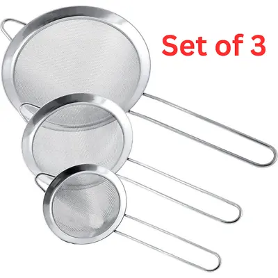 Set Of 3 Fine Mesh Stainless Sieve Steel Sieves Strainers Strainer Metal Steel • £5.99