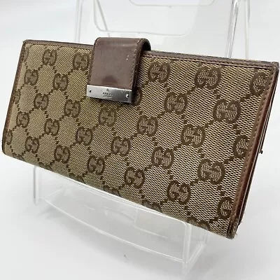 GUCCI Long Wallet GG Canvas Leather Silver Hardware Beige Brown 74210 Authentic • $11.50