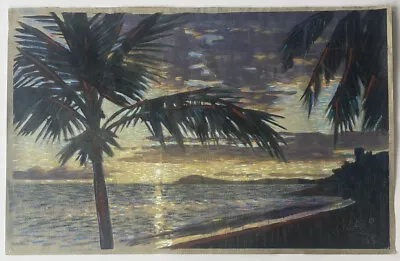 Gibbs Vintage Hawaii? Sunset Reflection Seascape Palm Tree Landscape Painting • $300
