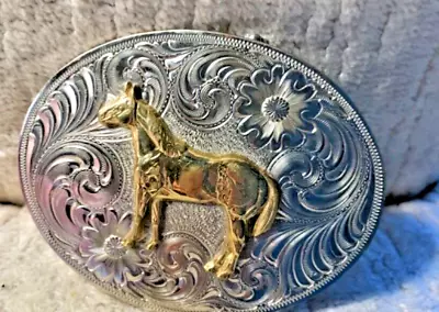 VTG Montana Silversmiths Belt Buckle Western Standing Horse Silver W/Gold Nickel • $62