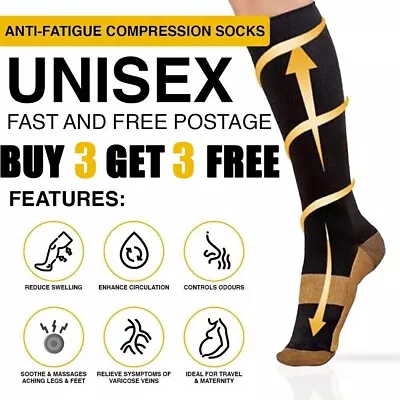Unisex Copper Infused Anti-Fatigue Compression Socks Varicose Vein Stocking Pair • £3.89