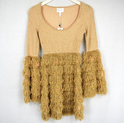 $100 • Buy Alice McCall Gold Metallic Tiered Fringed Mini Dress Size 4