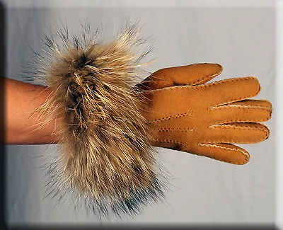 Brand New Tan Suede Shearling Gloves Finnish Raccoon Fur Trim  • $49.99