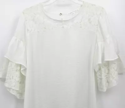 VIOLET + CLAIRE RUFFLE AND LACE BELL SLEEVE BLOUSE Women's Size XL WHITE • $10.03