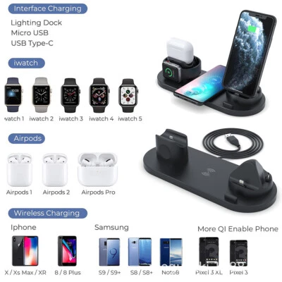 $15.89 • Buy 6in1 Qi Wireless Charger Fast Charging Dock Stand For Airpods Apple Watch IPhone
