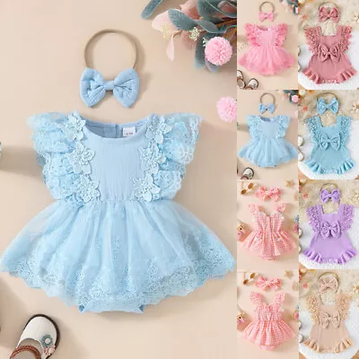 Newborn Baby Girls Lace Ruffle Bodysuit Romper + Headband Outfit Set Clothes • £7.99