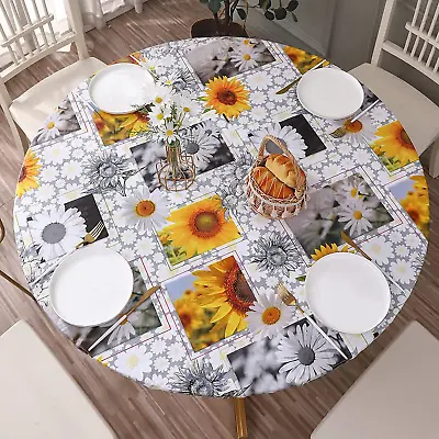 $20.90 • Buy Round Vinyl Fitted Tablecloth With Flannel Backing Elastic Table Cover Sunflower