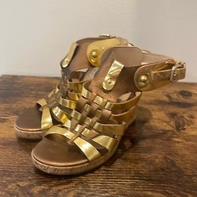 Via Spiga Strappy Golden And Brown Wedge Sandal Size 6.5 • $35