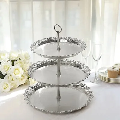 15  Metallic Silver 3 Tier Plastic Cupcake Stand Round Tower Lace Cut Trim Party • $16.80