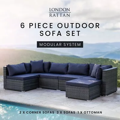 $879 • Buy LONDON RATTAN 6 Seater Outdoor Lounge Setting Furniture Wicker Sofa Modular Set