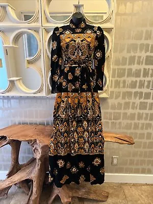 Malcolm Starr By Rizkallah Rare 70s Black Velvet Graphic Boho Print Maxi Dress S • $295