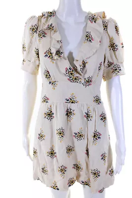 Reiss Womens Floral Ruffled V Neck Short Puff Sleeved A Line Dress Beige Size 4 • $40.81