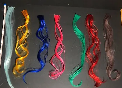7 Colored Hair Extensions Clip On- Curled & Straight-RedYellowBlueGreen-18” • $3.99