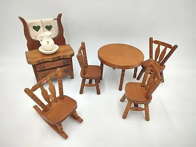 Dollhouse Furniture Lot Primitive Turned Dry Sink Table Chairs Rocking Chair VTG • $24.90