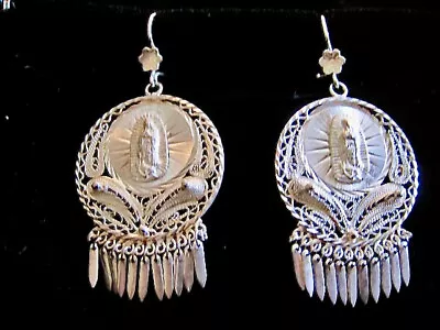 Huge Silver Filigree Earrings Virgin Guadalupe Mary 2.5  Religious Taxco Mexico • $291.65