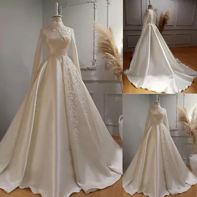 Simple Muslim Wedding Dresses High Neck Long Sleeves Satin Appliques Bridal Gown • $152.06