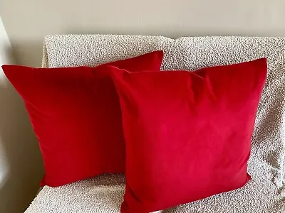 A Pair Of Plush Velvet Pillarbox Red Cushions 21 X 21 Inch Covers & Pads • £40