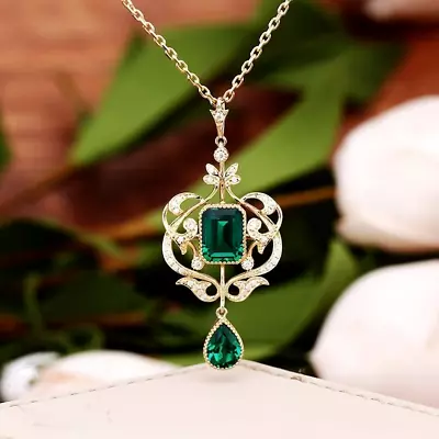 2Ct Lab Created Emerald Vintage Pendant Necklaces 14K Yellow Gold Plated Silver • $97.49