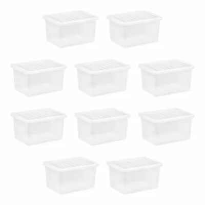 [Set Of 10] Clear Plastic 25 Litres Storage Box With Lids Home Office - UK Made • £38.59