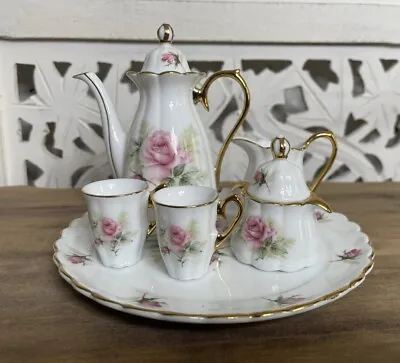 6 Piece Miniature Porcelain Rose Gold Trim Delicate Tea Set • $15