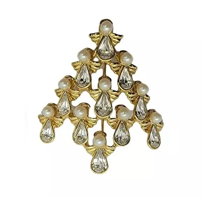 Nina Ricci Vintage Faux Pearl Rhinestone Angel Christmas Tree Brooch Signed • $22.99