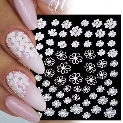 3D Nail Art Stickers Transfers Decals White Flowers Floral Daisy Daisies (DP227) • £2.55