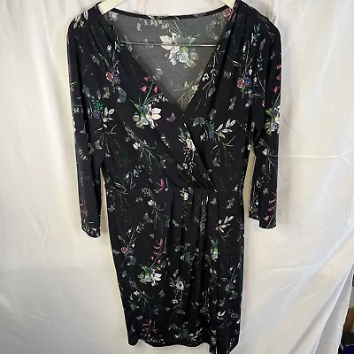 Oasis Ladies Floral Butterfly Navy 3/4 Sleeve Dress Size Medium  • £15