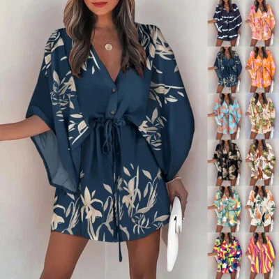 £3.59 • Buy Women Sexy Boho Floral Mini Dress Ladies Summer Holiday Beach V Neck Sundress