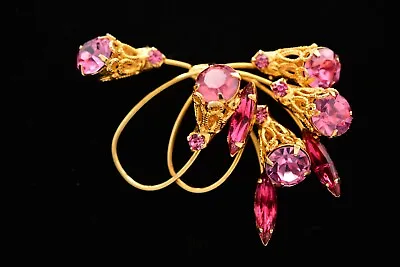 Vintage Austrian Crystal Pin Brooch Floral Pink Rhinestone Marquise Gold BinBA • $27.96