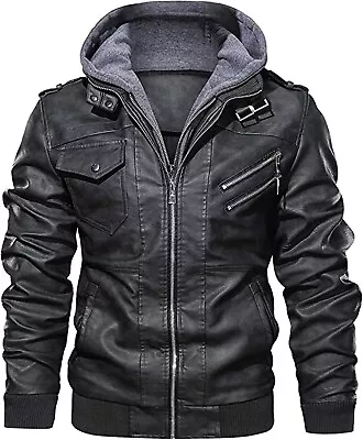 Vintage Bomber Hoodie With Removable Hood Men's Motorcycle Leather Jacket • $110.99