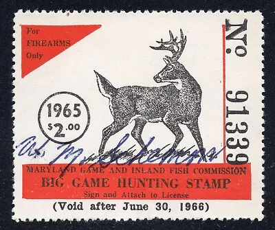 1965 Maryland Big Game Hunting Stamp Firearms Only Deer Used Signed • $4.50