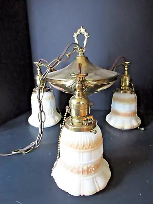 Vintage Ornate Brass Hanging Light Fixture 3 Glass Shade Tan White 1930s Rewired • $250