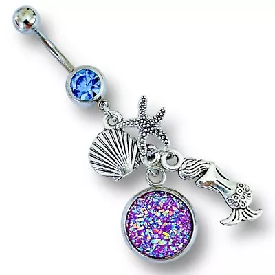 14g Blue Cz Dangle Mermaid Starfish Shell Purple Sparkle Charm Belly Ring B466 • $9.99