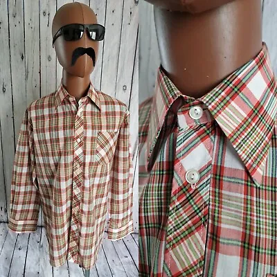 Vintage 70s Madras Check SHIRT -Large- In Multi PolyCotton Mod Disco BS51 • £10