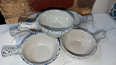5 Vtg Monmouth USA Maple Leaf Pottery Crock Handled Soup Bowls Blue Sponge Paint • $34.95