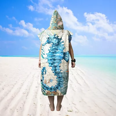 Unisex Hooded Poncho Towel Beach Changing Robe Sea Horse Turtle Octopus Dolphin • £15.59