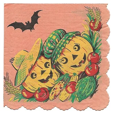 Vintage BEACH Paper Halloween Napkin ~ Ma & Pa Jack O' Lantern Vegetables Bat • $6