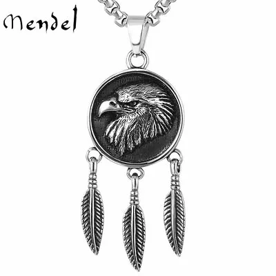 MENDEL Mens Stainless Steel Fashion Eagle Bird Head Feather Pendant Necklace Set • $14.99