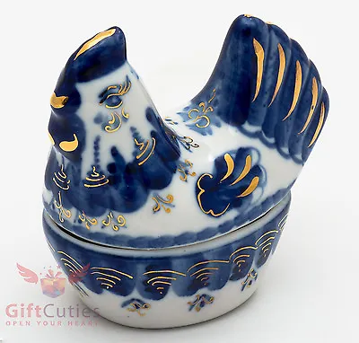 Beautiful Gzhel Porcelain Chicken Rooster Trinket Box Figurine In Blue & Gold  • $15