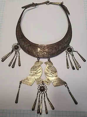 Vtg Hmong Miau Xauv Tooled Silver?? Bib Dangle Collar Birds Motif Necklace  • $65