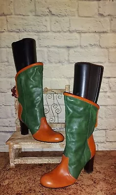 Miss Sixty Green Brown Two Tone Leather Mid Calf Boots Size 40 US 9/9.5 Italy • $145