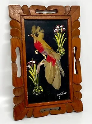 Vintage Feather Art Mexico Bird Hand Carved Wood Frame Folk Art • $22.99