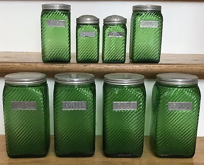 Vintage Owens Hoosier Green Glass Canister Kitchen Jars Ribbed Swirl 8 Pc Set • $150