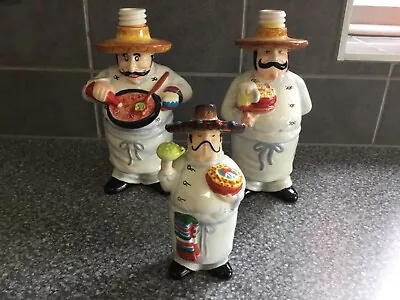 Quirky Vintage Salad Dressing Dispensers + Salt Pot.   Mexican Chefs!  Unused. • £15