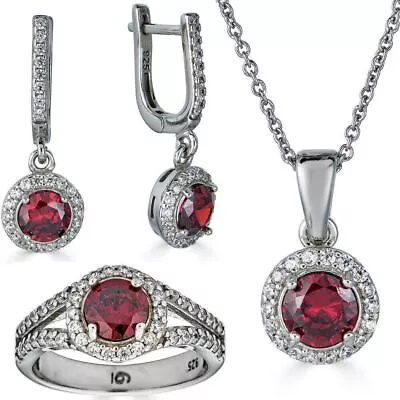 Real 925 Silver Red Ruby & Simulated Diamond Ring Pendant Necklace & Earring Set • $52.18