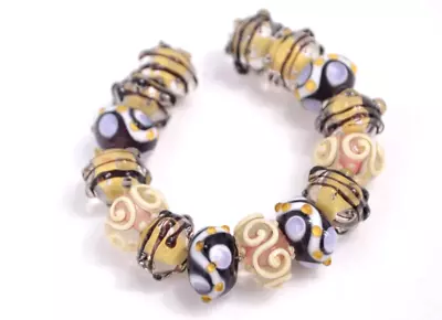 New 15 Pc Set Fine Murano Lampwork Glass Beads - 12mm Flowers & Swirls - A6771c • $4.99